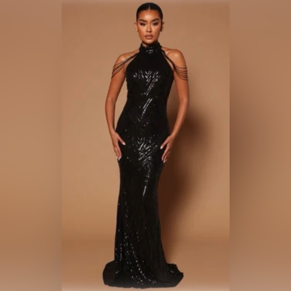 Black Sequin Off-Shoulder Evening Gown